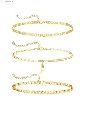 3-Piece Layered Initial Charm Bracelet Set, 14K Gold Plated Chain Bracelets